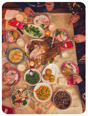 Overhead view of Christmas dinner